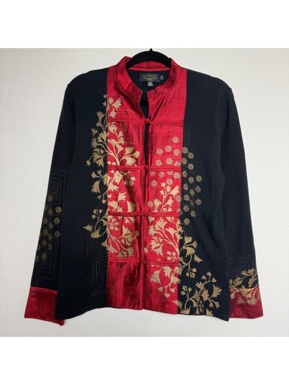 Icelandic Designs Black & Red Embroidered Silk Blend Button Front Jacket Sz M